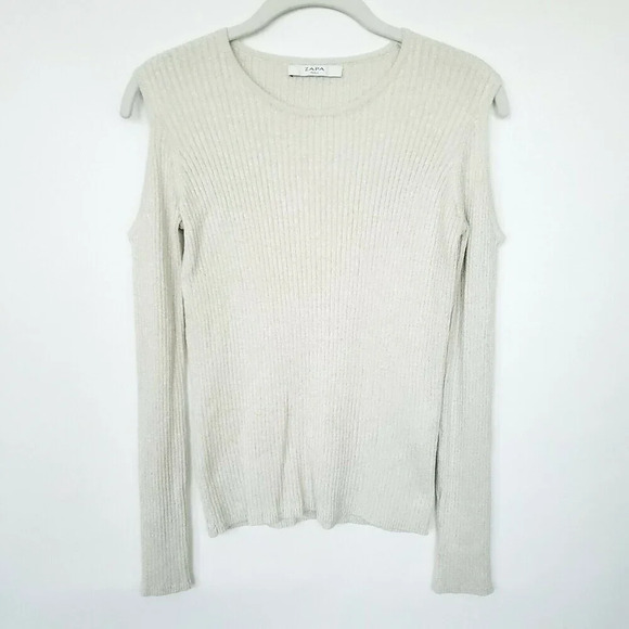 ZAPA Knit Sweater Womens Size 0 Beige Cream Cold Shoulder Metallic Long Sleeve - Picture 1 of 12